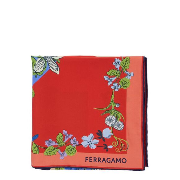 Ferragamo Women Red Scarf With Floral Print And Logo Lettering In Silk Woman